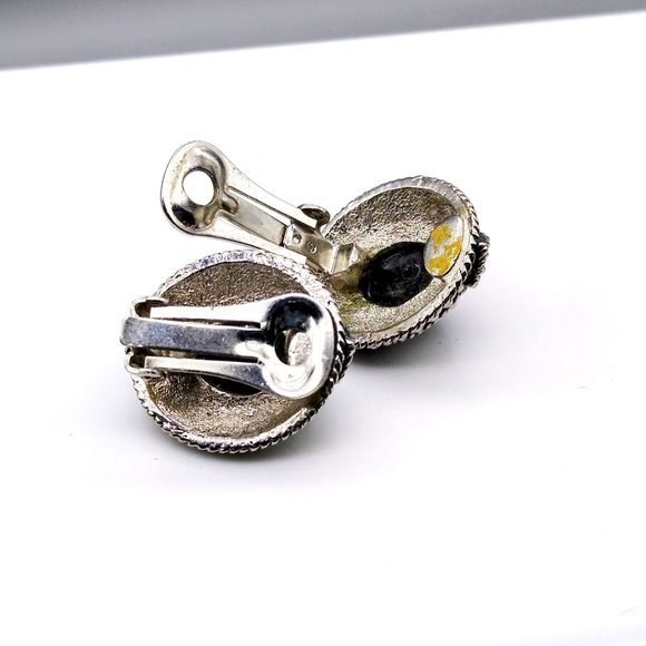 Basic Black Cabochon Earrings in Silver Tone Frames, Neutral Vintage Chic Clip - Picture 5 of 5